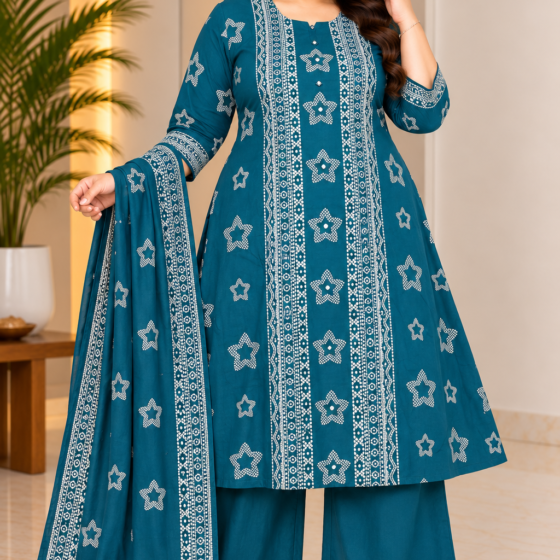 Plus size teal blue A-line kurti palazzo set with matching printed dupatta featuring white star motifs and geometric detailing.