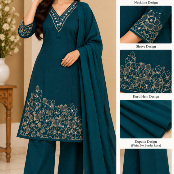 Teal Green Heavy Hem Embroidered Kurti Palazzo Dupatta Set - V-Neck Mirror Work - Premium Jaipuri Cotton 60.60