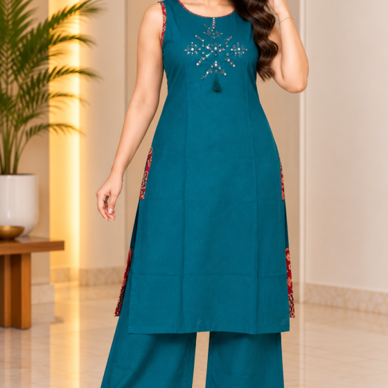 Teal blue sleeveless straight-cut kurti palazzo set for women with decorative front embellishments, red printed side accents and matching palazzo pants.